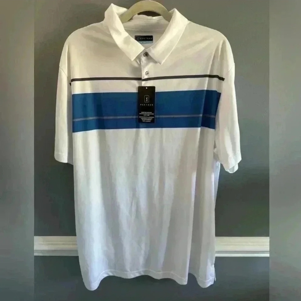 PGA Tour Men's White and Blue Polo Shirt